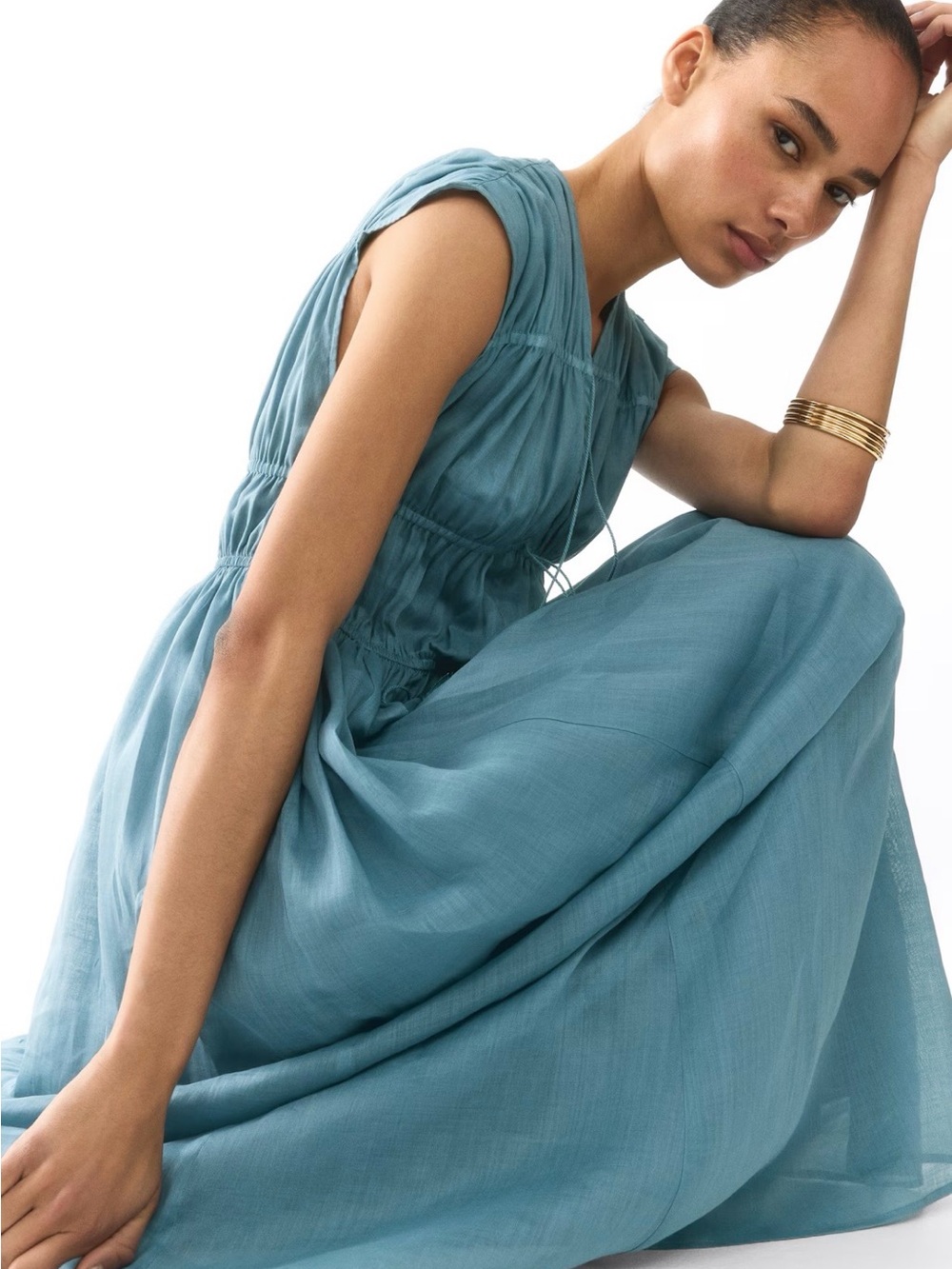 H&M Premium Selection Drawstring-Detail Ramie Dress (Dusty Turquoise) Small - Picture 2 of 7